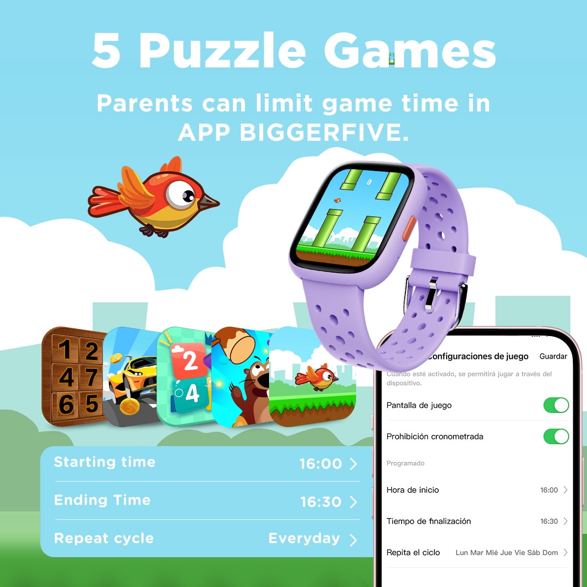 BIGGERFIVE 1.8" Smartwatch for Girls Smart Watch for Kids with Puzzle Games Pedometer Children Touch Screen Purple