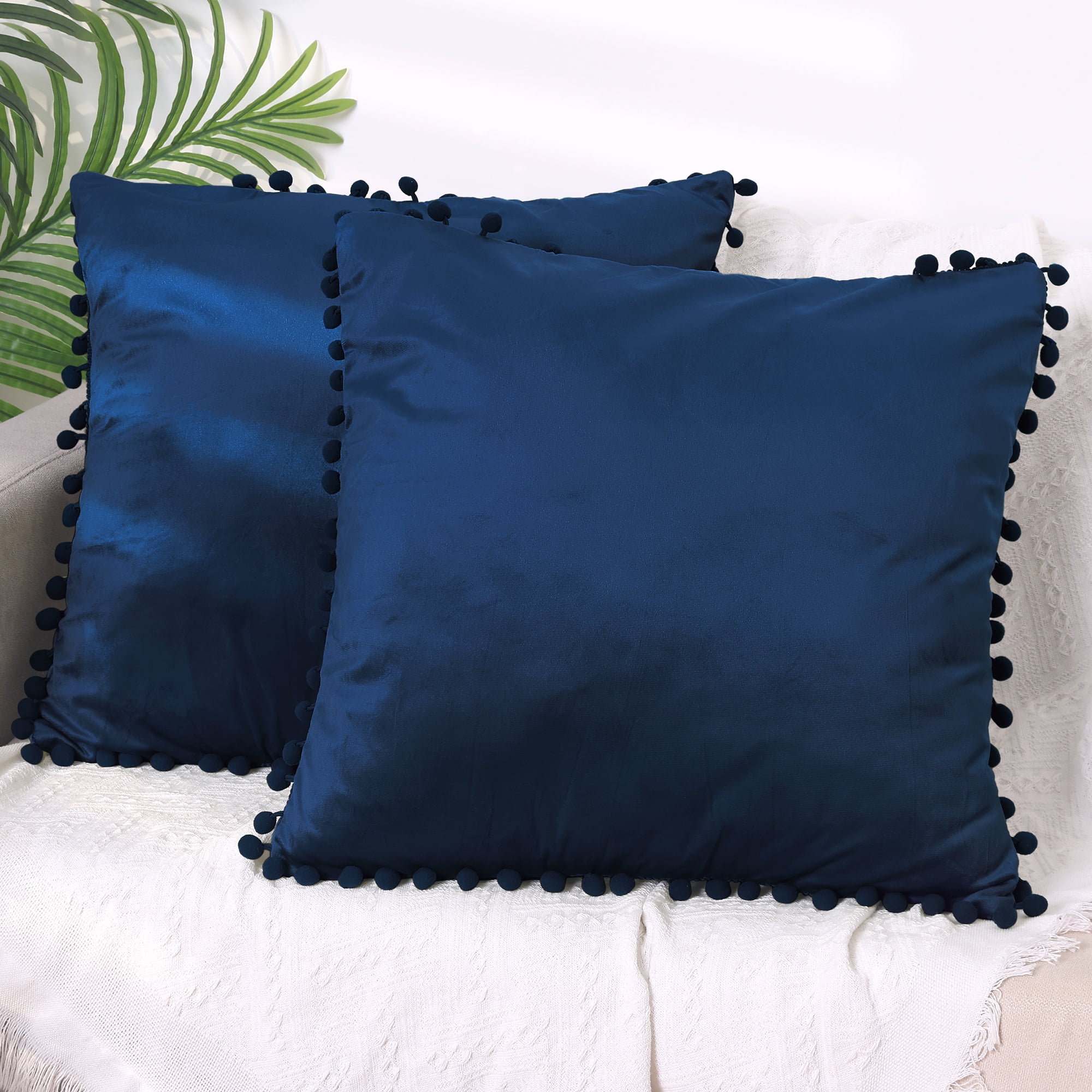 Unique Bargains 2 Velvet Throw Pillow Covers Pompoms Decorative Pillow Cases Cushion Cover Dark Blue 20" x 20"