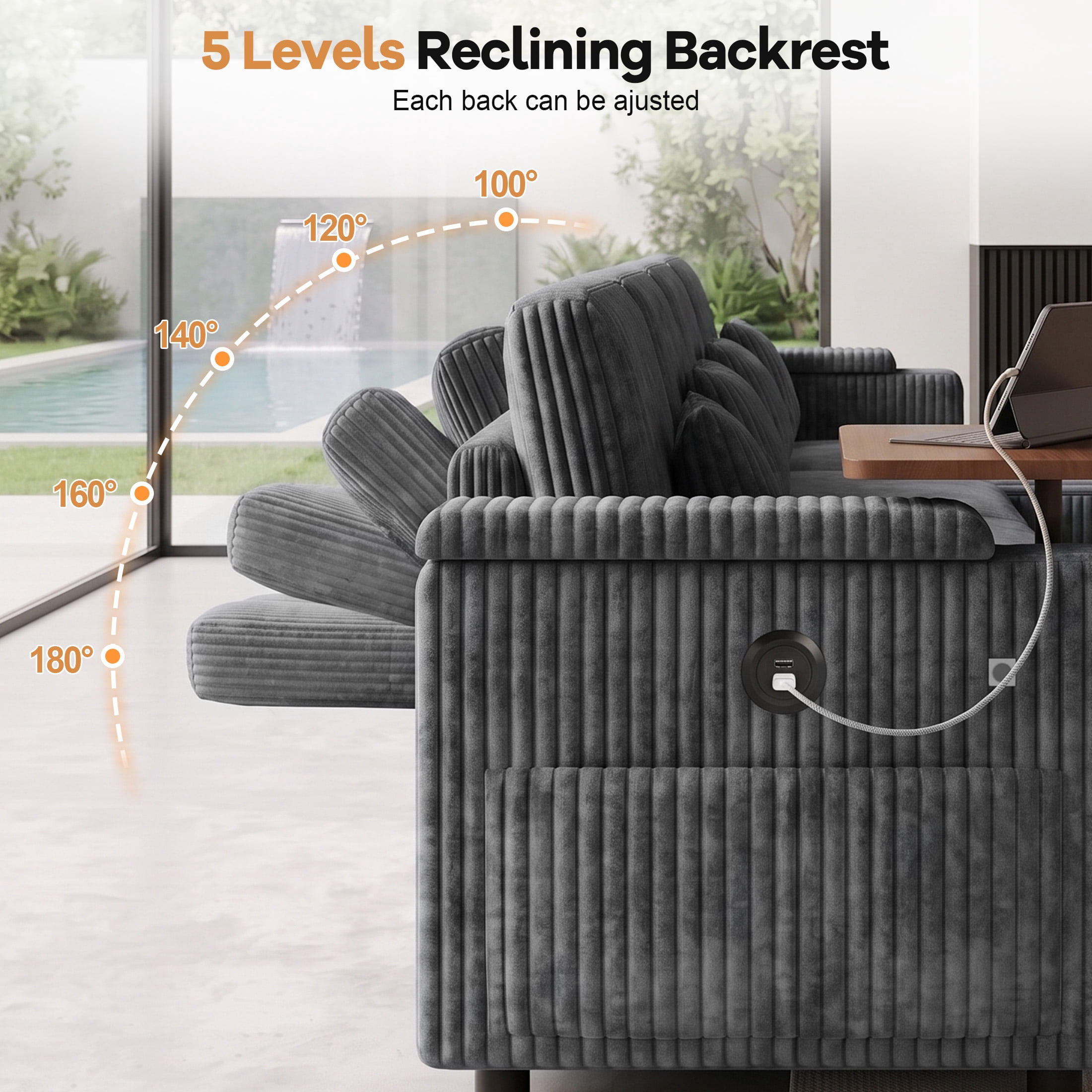 Aenkyo 7-Seat Corduroy U-Shaped Sectional Sleeper Sofa Bed with Storage Chaise and USB Charging, Gray