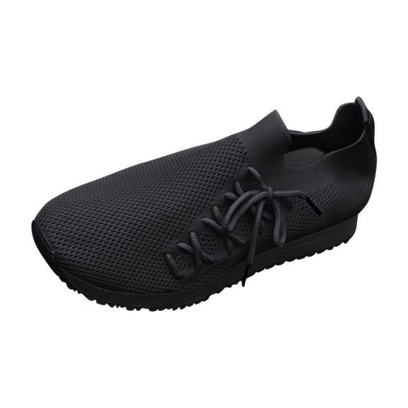 Xfvqtps Flats for Women Mesh Knit Slip on Lace up Soft Sole Non Slip Hollow out Breathable Summer Walking Sneakers Black