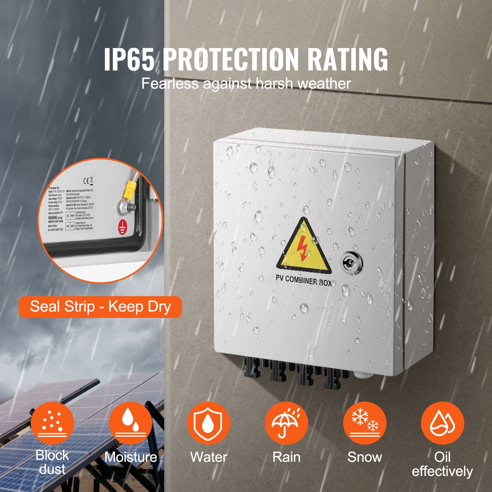 4-String PV Combiner Box with 15A DC Fuses, 63A Circuit Breaker, IP65 Waterproof, Lightning Protection, for Solar Panel Systems