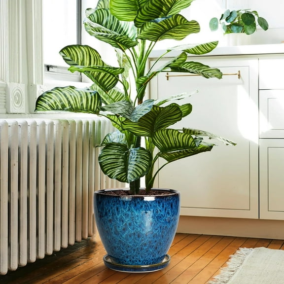10 Inch Ceramic Planter Pot Round Plant Pot for Indoor Plants Outdoor Large Flower Pot with Drainage Hole and Saucer Blue