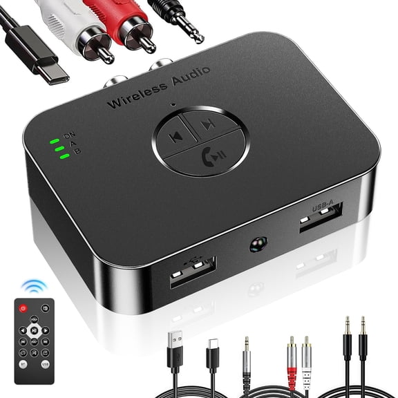 Bluetooth 5.4 Receiver for Home Stereo, USB C Powered Wireless Audio Adapter, Bluetooth Receiver Adapter with Remote 3.5mm, RCA USB Input, Hands-Free Calls for Home Stereo System/Speakers/Car/TV/PC