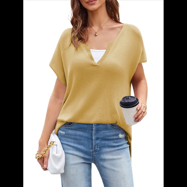 Camisetas de Corta con Cuello en V y Muescas para Mujer, Blusas de Verano Básicas y Holgadas, Camisetas de Corta 2025 Amarillo L