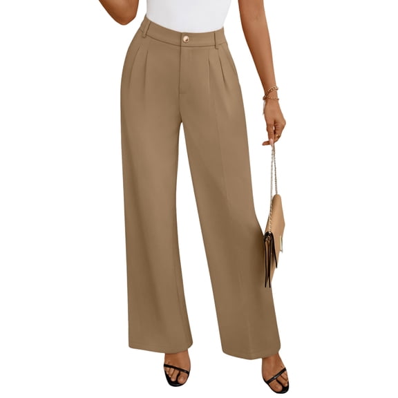 Inglocry Wide Leg Dress Pants for Women High Waisted Office Work Trousers Business Casual Slacks Button Flowy Palazzo Pant Khaki L