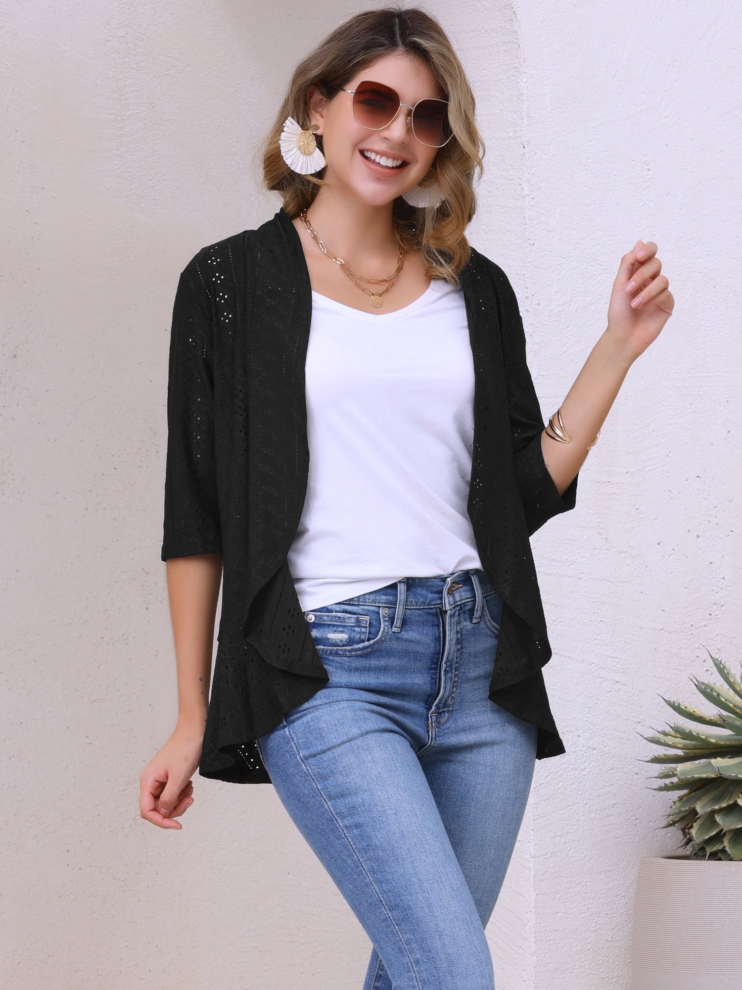 DARING DIVA Womens Open Front 3/4 Sleeve Draped Ruffles Eyelet Cardigans S Black