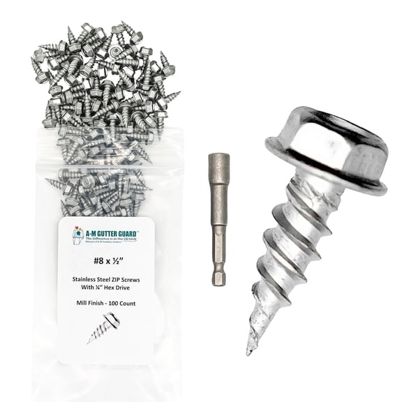 A-M Gutter Guard - 1/2" #8 Stainless Steel Zip Screws - Self-Piercing, Easy Start Tip - Mill Finish - 1/4" Hex Washer Head - 1/4" Magnetic Hex Driver - Pack of 100 – for Seamless Gutter Installation.