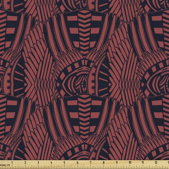 Tribal Upholstery Fabric by the Yard, Bicolour Ethnic Motif of Funky Geometric Gypsy Folk Culture Repetition, Decorative Fabric for DIY and Home Accents, Indigo and Dark Coral by Ambesonne