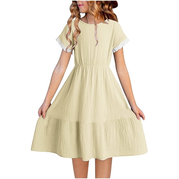 Odeerbi Niñas Verano Algodón Lino Vestidos Tiered Niños Color Sólido Cuello Redondo Manga Corta Vestido de Encaje Empalmado