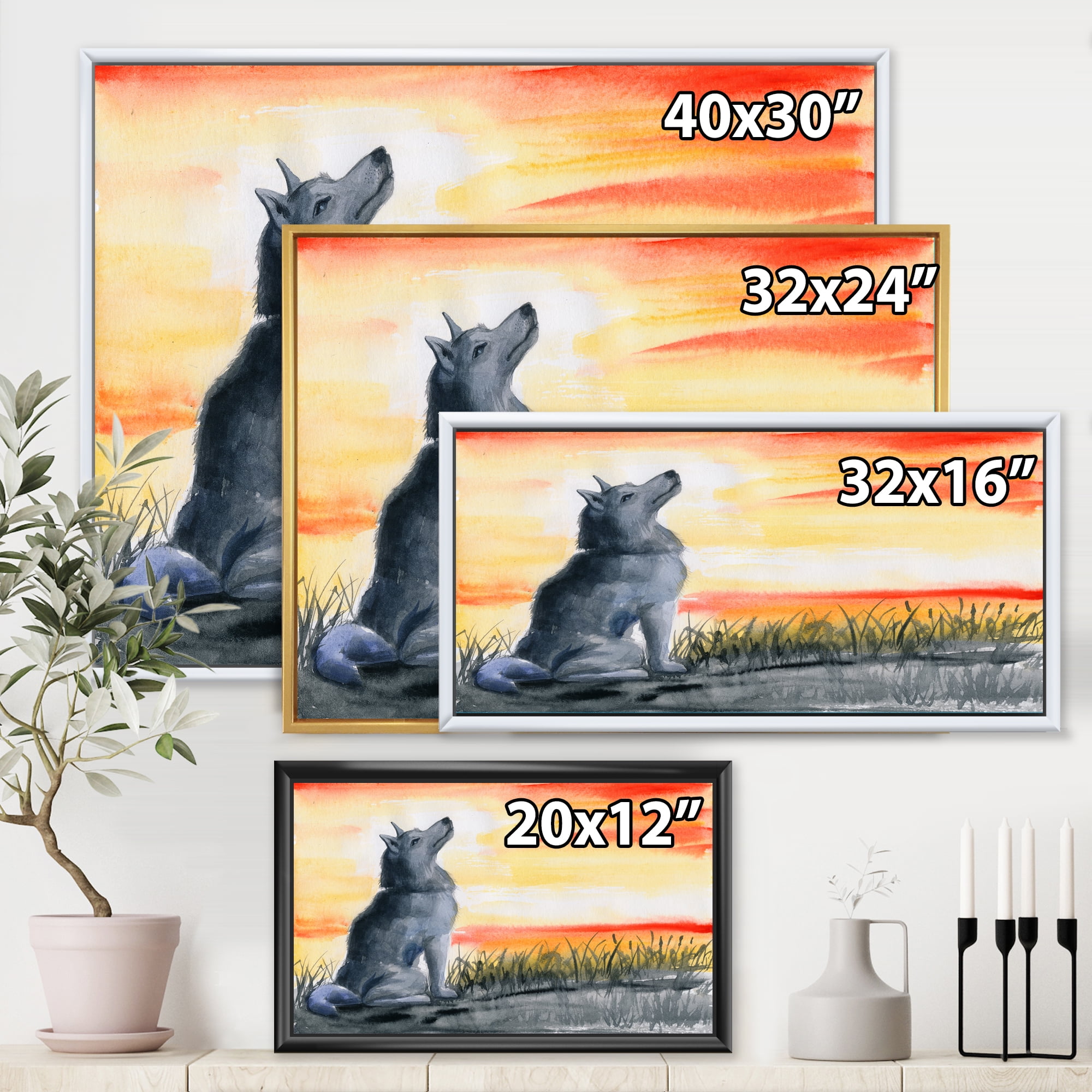 Designart 'Portrait Of Grey Wolf Howling At The Moon' Traditional Framed Canvas Wall Art Print