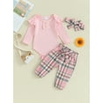 thumbnail image 3 of Musuos Baby Girls Fall Outfits 3 6 9 12 18M Solid Color Buttons Long Sleeve Rompers Plaid Long Pants Headband 3Pcs Clothes Set, 3 of 10