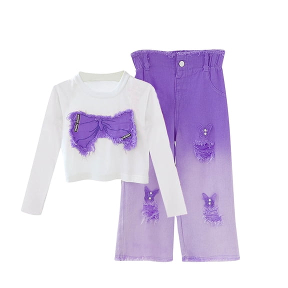 STETMN Girl's Spring Casual Sets Bow Print Crop T-shirt and Wide Leg Jeans Kids Baggy Cute Outfits for 3-13Y