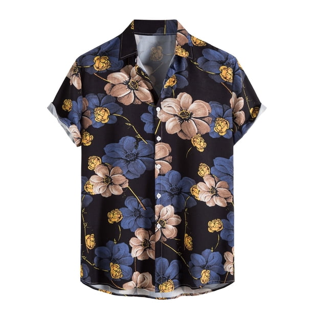 Camisas Cuello De Hombre Hombres Primavera y verano Casual Solapa Estampado de un solo pecho Vacaciones en la playa Manga corta Camisa de vacaciones al libre (Navy, S)