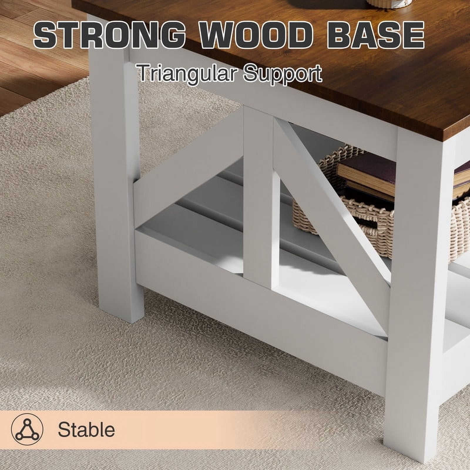 Homall 39" 2-Tier Farmhouse Coffee Table Wood Center Table with Storage Shelf for Living Room, Brown & White