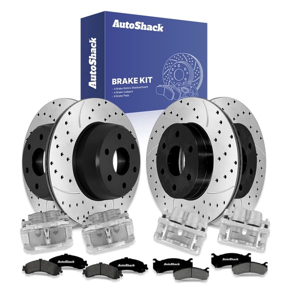 AutoShack Front & Rear Drilled & Slotted Brake Rotors Premium Ceramic Brake Pads Calipers | Replacement for Chevrolet Tahoe 2000-2006 GMC Yukon XL 1500 | E-Coated | 16-PC Brake Kit | ShadowGuard