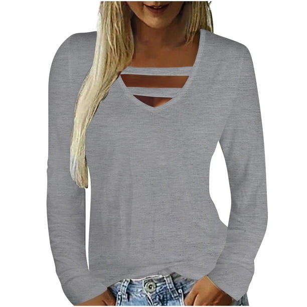 Camiseta de manga larga suelta casual de color sólido de moda sexy casual para mujer Top Pompotops FGAJ15255