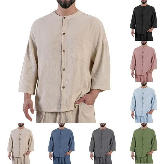 Jinhomg Men's Cotton Linen Short Sleeve Shirts Casual Button Down Lapel Collar Shirt Basic Solid Summer Beach Tops with Pocket Seasonal Sale Black L