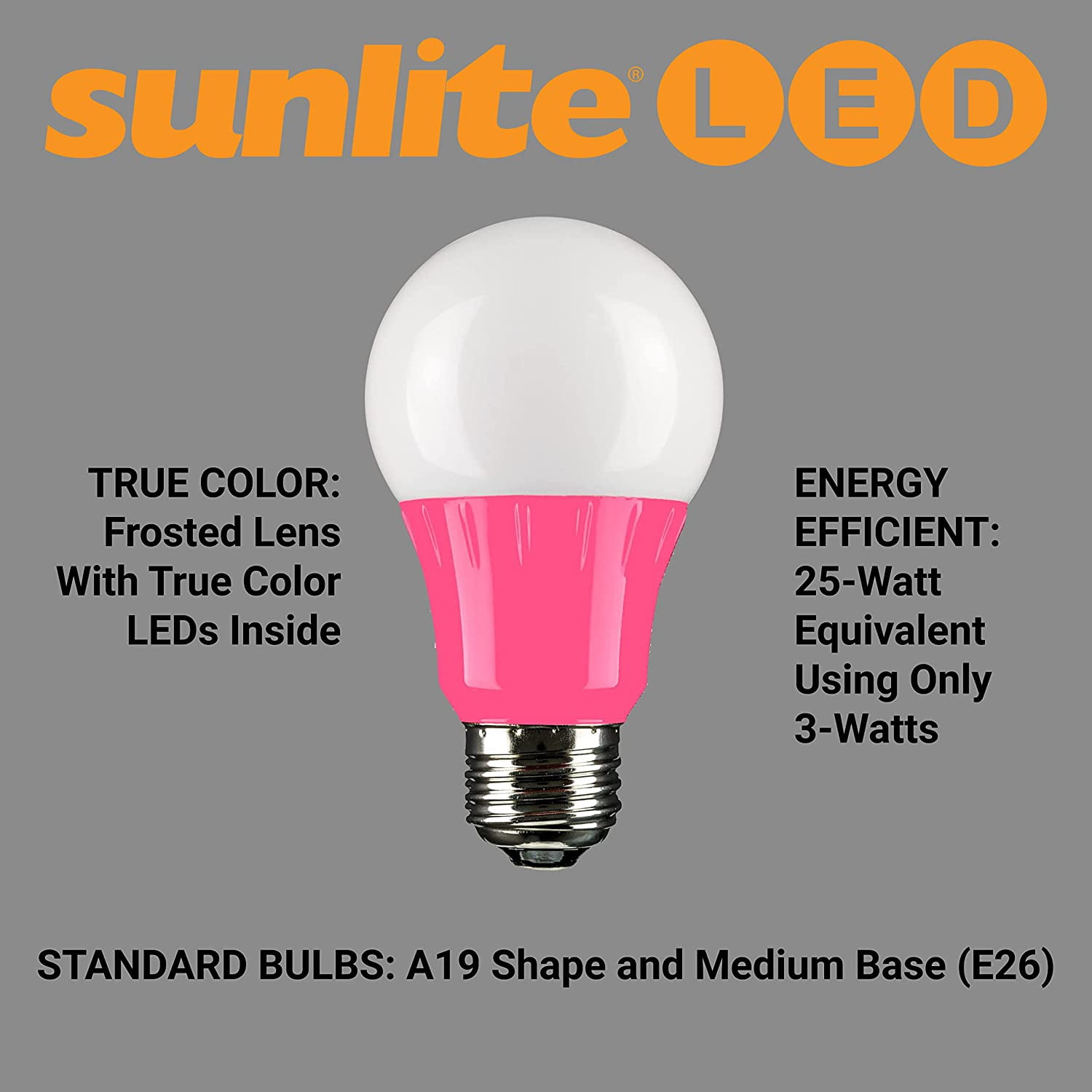 Sunlite LED A19 Colored Light Bulb, 3 Watts (25w Equivalent), E26 Medium Base, Non-Dimmable, UL Listed, Party Decoration, Holiday Lighting, Pink, 6 Pack