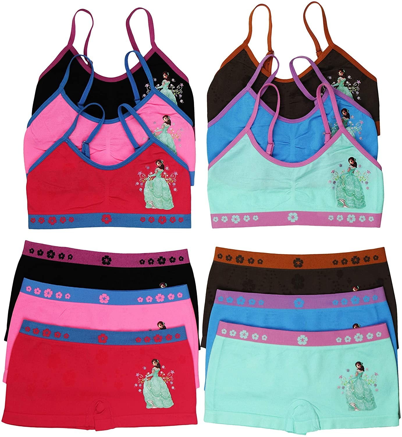 ToBeInStyle Girl Pack of 6 Set Spaghetti Strap Training Bras & Boyshorts Bikinis