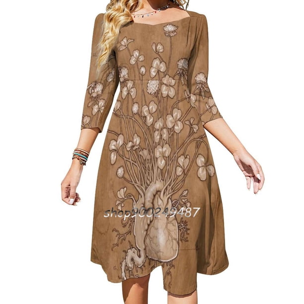 Vestido elegante dulce con forma de corazón de trébol Ii para mujer, vestido coreano kawaii con cuello cuadrado, pirograbado con pigmentos naturales, Fay Helfer Clover Heart
