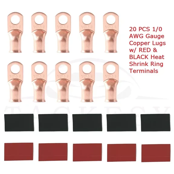 20X 1/0 Awg 3/8" Gauge Copper Lugs Heat Shrink Ring Terminals Wire Connector Kit