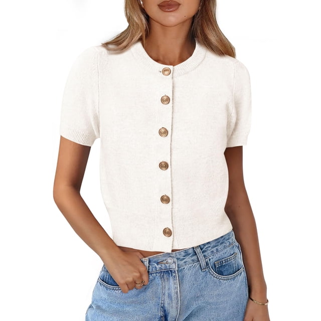 Suéter PRETTYGARDEN 2025 Mujer Crop Cardigan Blanco con Botones S
