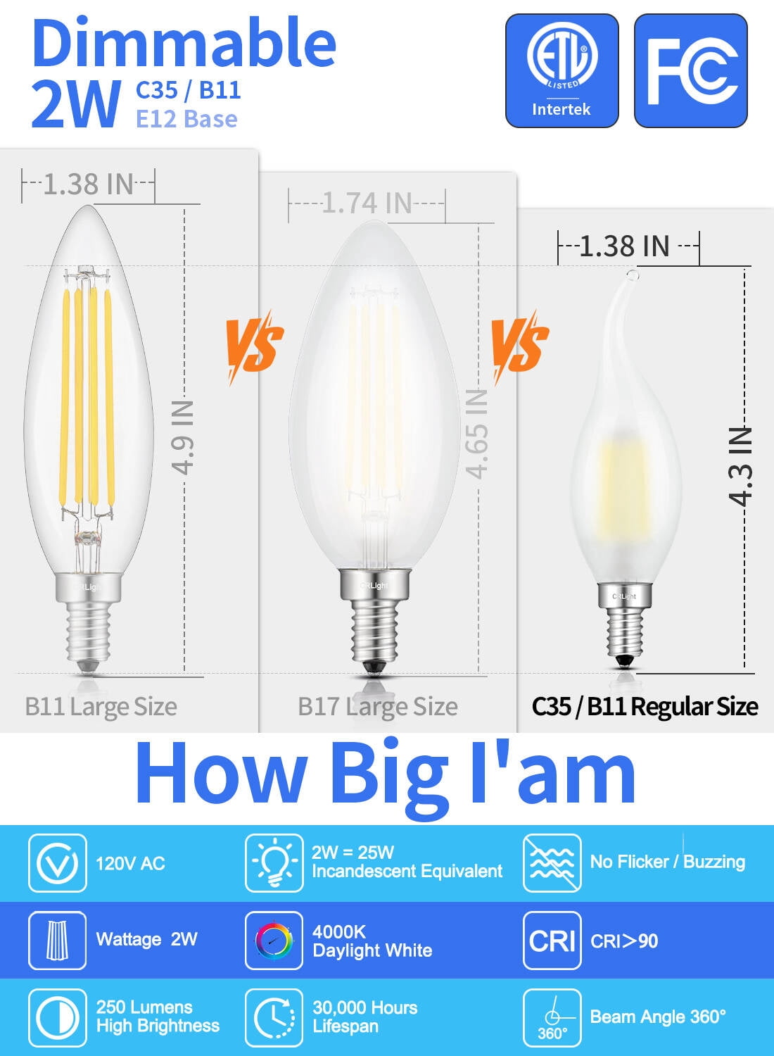 CRLight LED 2W 25W Equivalent Neutral White E12 C35 Decorative Light Bulbs, 6 Pack
