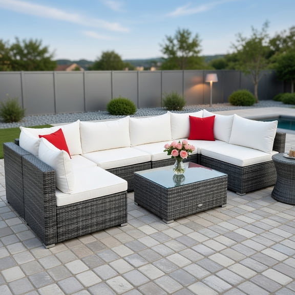 GVN Outdoor Furniture Sets, Outdoor Conversation Set,7 Pieces Patio Rattan Furniture Set Sectional Sofa Garden Cushion-White