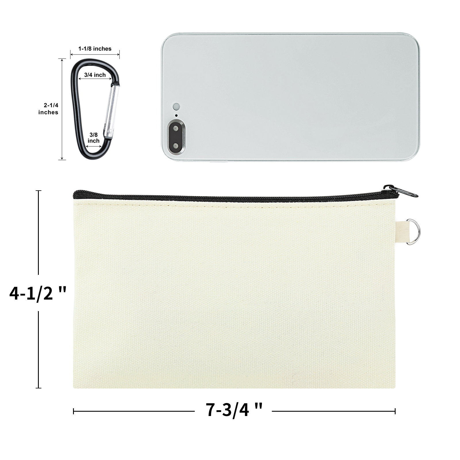 Muka 12 Pack Canvas Zipper Pouch with Metal Carabiner, Black Pencil Case 7-3/4 x 4-1/2 Inches