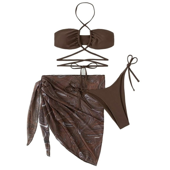 ZPAQI Women Criss Cross Bathing Suit Printed Bikinis 3 Piece Swimsuit with Beach-Skirt
