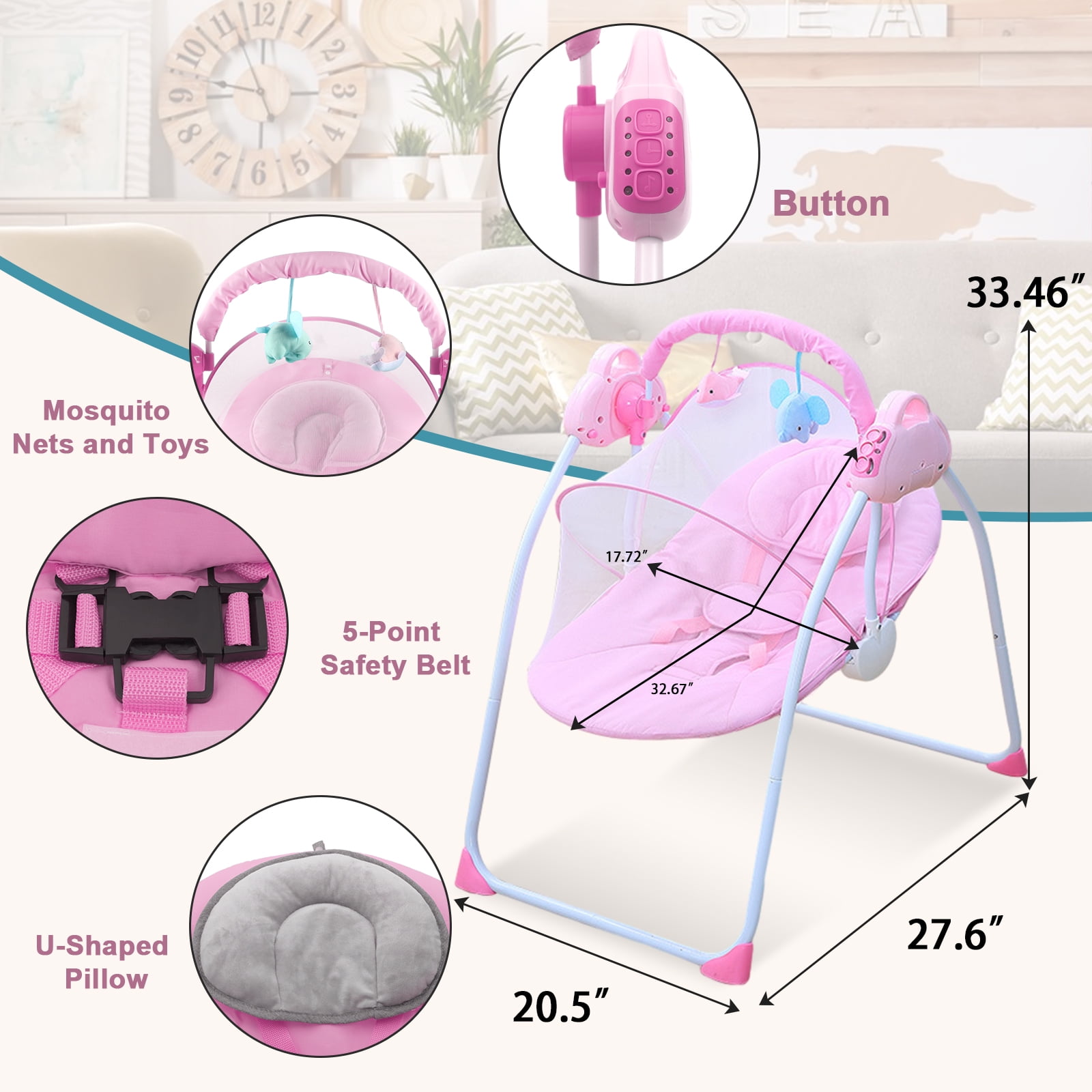 ANJORALA Baby Swings for Infants Toddler, Portable Newborn Swing Bouncer, Bluetooth(Pink)
