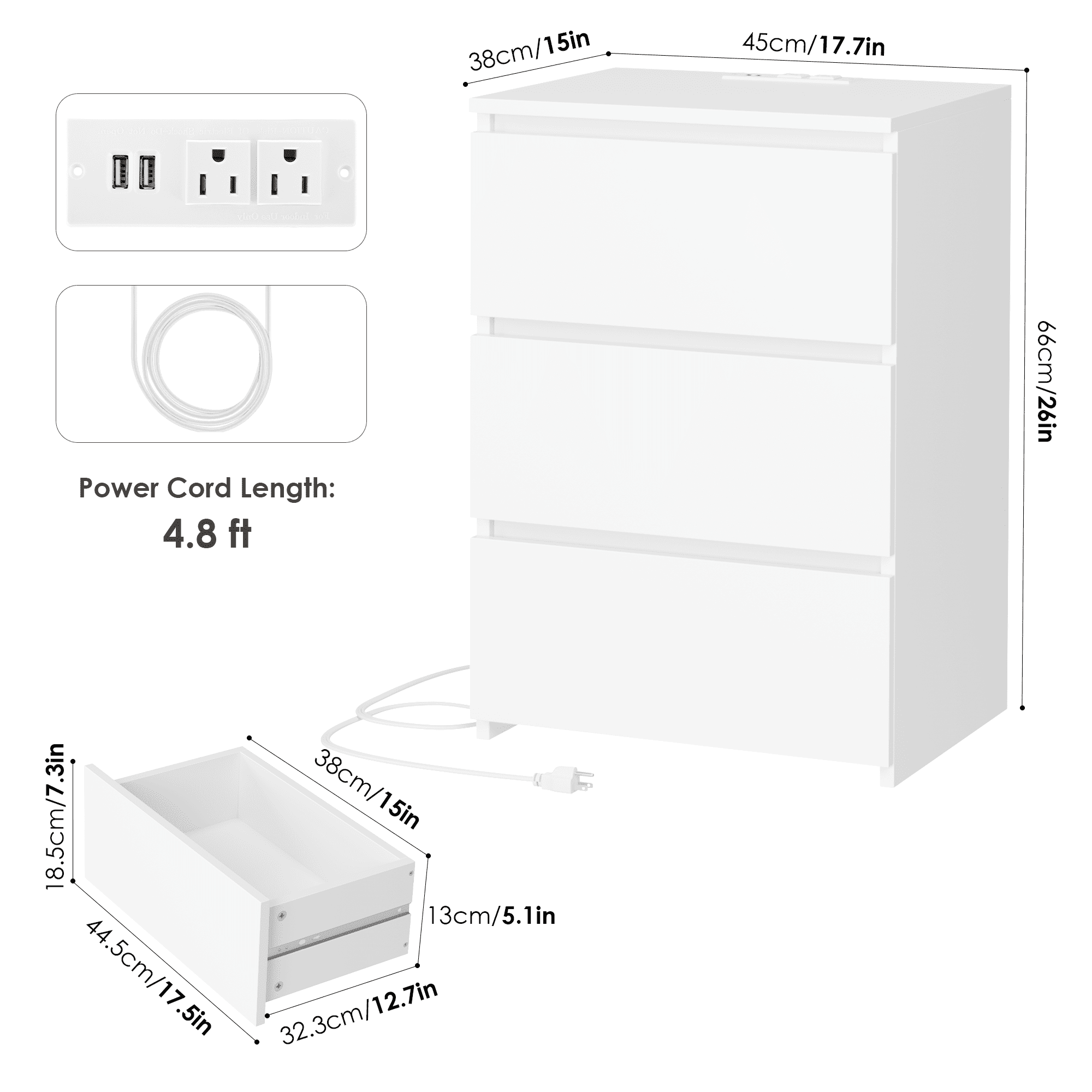 Homfa 3 Drawers Nightstand with Charging Station, Side Table with Storage for Living Room, White Bedside Nightstand for Bedroom