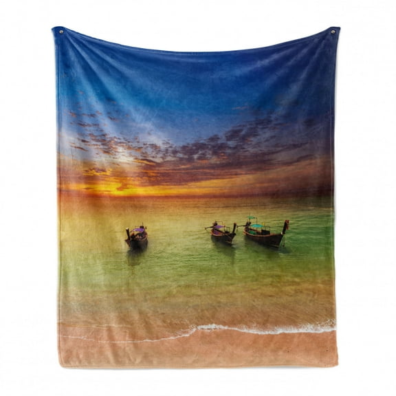 Tropical Soft Flannel Fleece Throw Blanket, Traditional Thailand Boats in Ocean and Horizon Exotic Sea Vacation Landscape, Cozy Plush for Indoor and Outdoor Use, 50" x 70", Multicolor, by Ambesonne