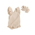 thumbnail image 2 of Yunliwuli Baby Girls Summer Casual Romper Flying Sleeve Solid Color Ruffle Romper with Headband, 2 of 10