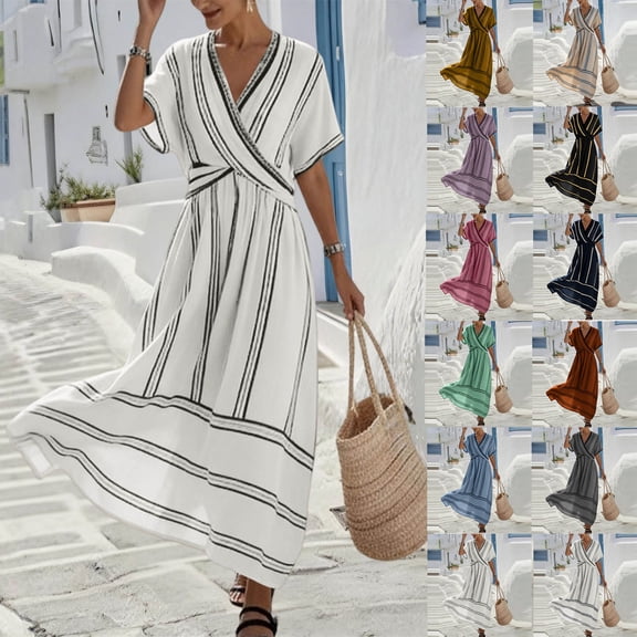 Plus Size Dresses SawvnmWomen V-Neck Short-Sleeve Wrap Waist Flared Striped Maxi Ankle Dress Gift for Women