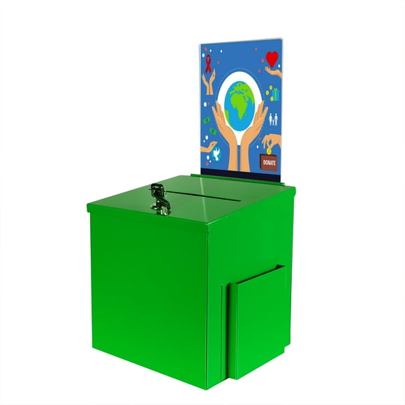 FixtureDisplays® Green Metal Donation Box Suggestion Tithes Offering Box with Sign Holder 8.5X8.1X18" 10918-Green+11460-2