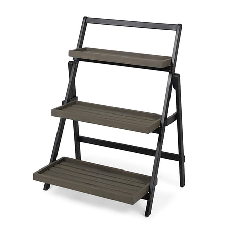 GDF Studio Han Outdoor Acacia Wood 3 Tier Plant Stand  Black and Gray