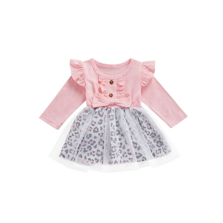 

Canrulo Autumn Baby Girls Sweet Dress Long Fly Sleeve Leopard Printed Bow Lace Patchwork Tutu Dress Pink 12-18 Months
