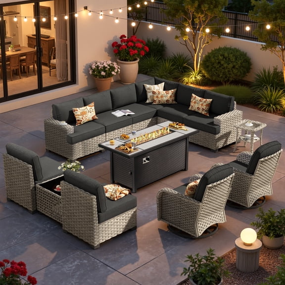 XIZZI Outdoor Furniture Patio Set with Fire Pit Table Swivel Rocking Chair, Wicker Outdoor Sectional Sofa Conversation Set for Patio, Garden, Large Villa, Black
