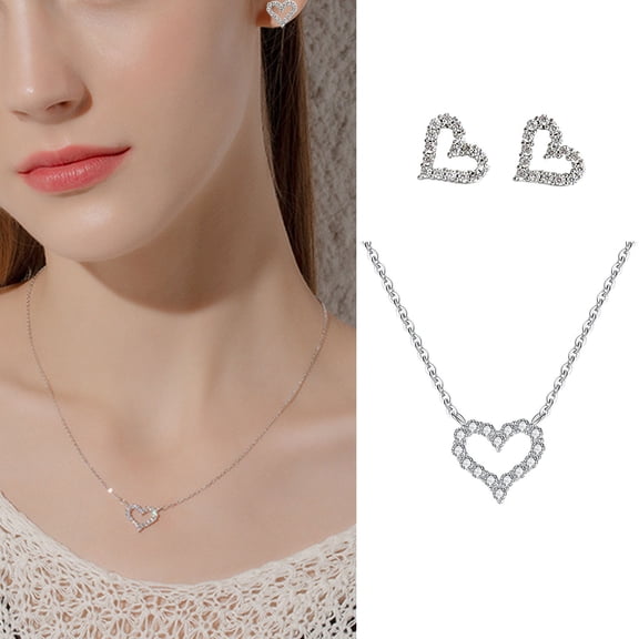 Naierhg 1 Set Women Necklace Earrings Set Heart Pendant Rhinestone Adjustable Length Ear Studs Alloy Prom Party Necklace Stud Earrings Bride Wedding Jewelry Set