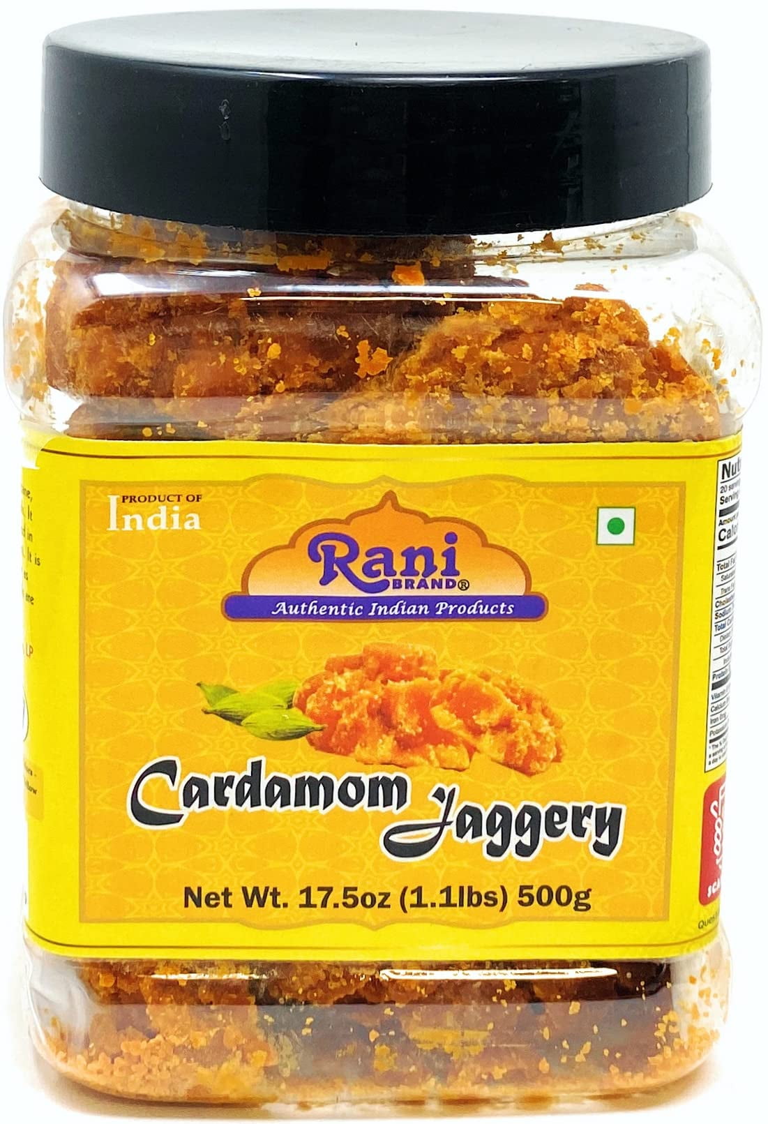 Rani Cardamom Jaggery (Gur) Indian Unrefined Raw Cane Sugar 17.5oz (1.1lbs) 500g PET Jar ~ Gluten Friendly | Vegan | NON-GMO | No Salt or fillers | Indian Product