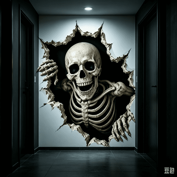 Halloween Break-In 3D Wall Decals, Large Size Removable Wall Stickers with Realistic Tear-Through Effects for Spooky Themed Room Makeover (Skeleton)