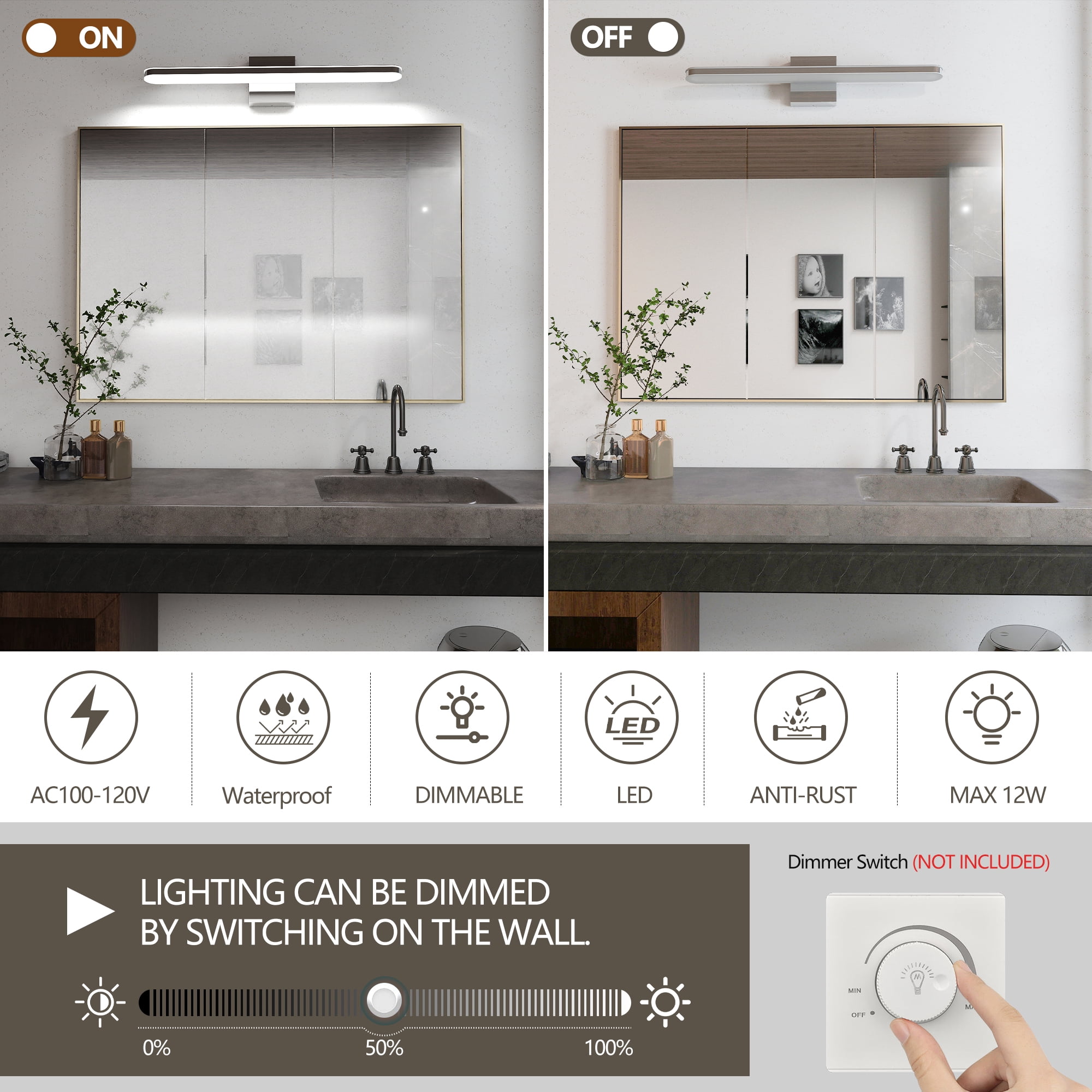 Modern Bathroom Light Fixtures Dimmable LED Vanity Lights Chrome Lamps for Bathover Mirror 24 Inch Vanity Sconces Indoor 12W Bar Lighting for Bathrooms Restroom Bedroom 6000K Wall Light for Bathroom