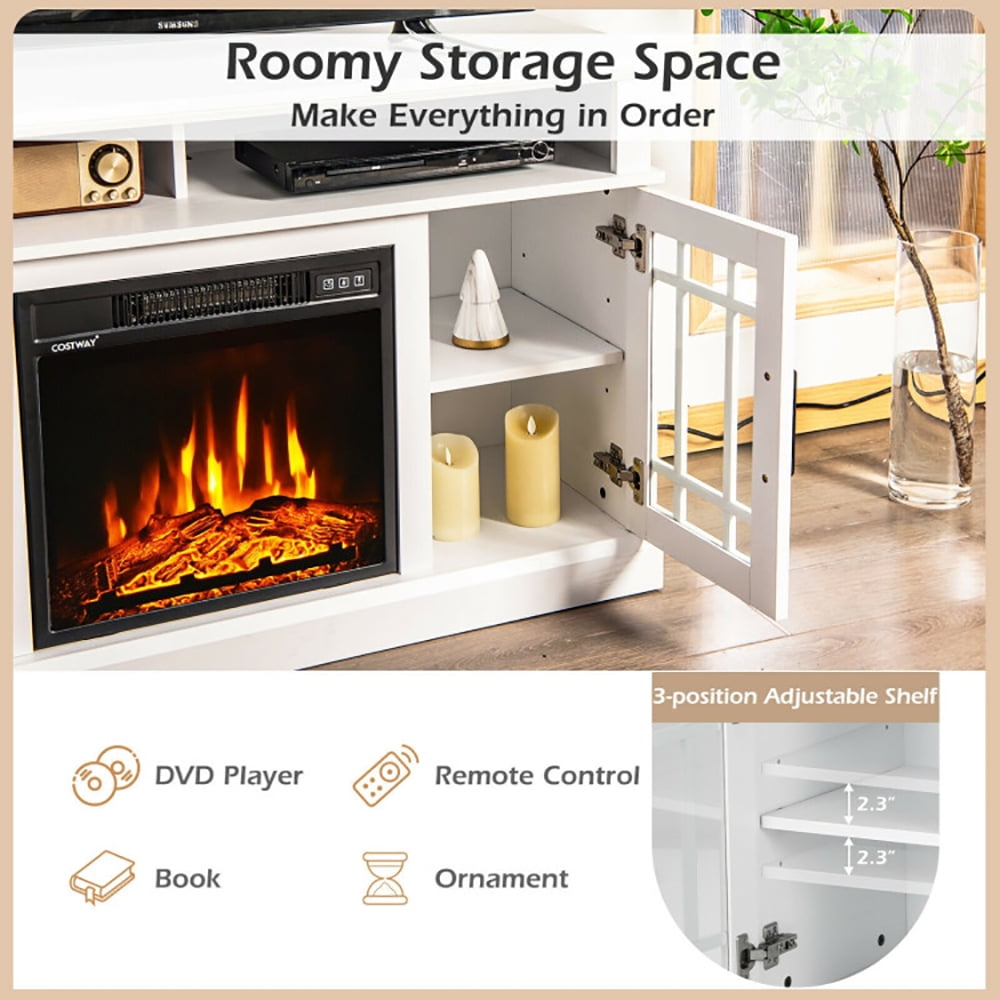 Finihen TV Stand, TV Cabinet, 48 Inch Electric Fireplace TV Stand with Cabinets for TVs Up to 55 Inch, for Living Room, Bedroom, White