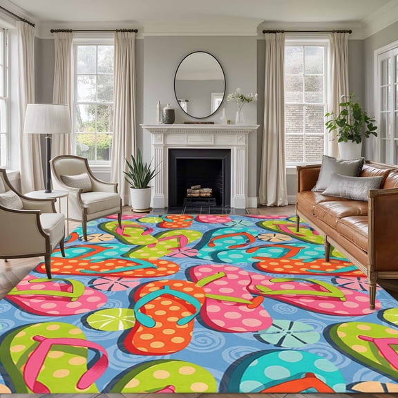 Watercolor Flip Flops Area Rugs 6'x9', Washable Small Throw Rugs for Kitchen Dining room, Summer Ocean Beach Slippers Blue Indoor Outdoor Rug Non-Slip Low Pile Carpet Runner Reversible Floor Mats