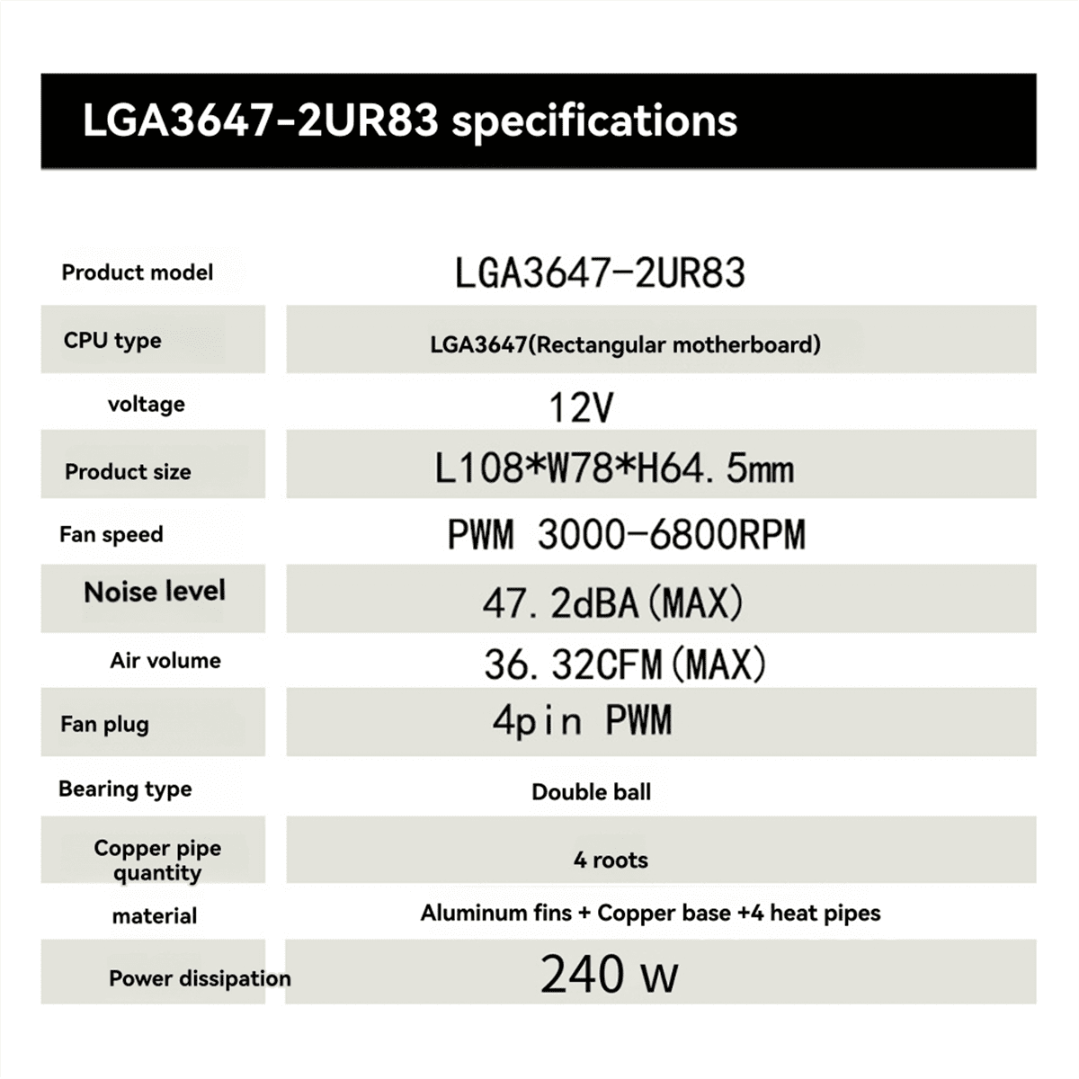 LGA3647-2U-R83 Cooler 240W for Lga 3647 Narrow Type Radiator 2u Heat Sink 4 Heat Pipe Side Blow Cooling Fan,1 * cpu Cooler