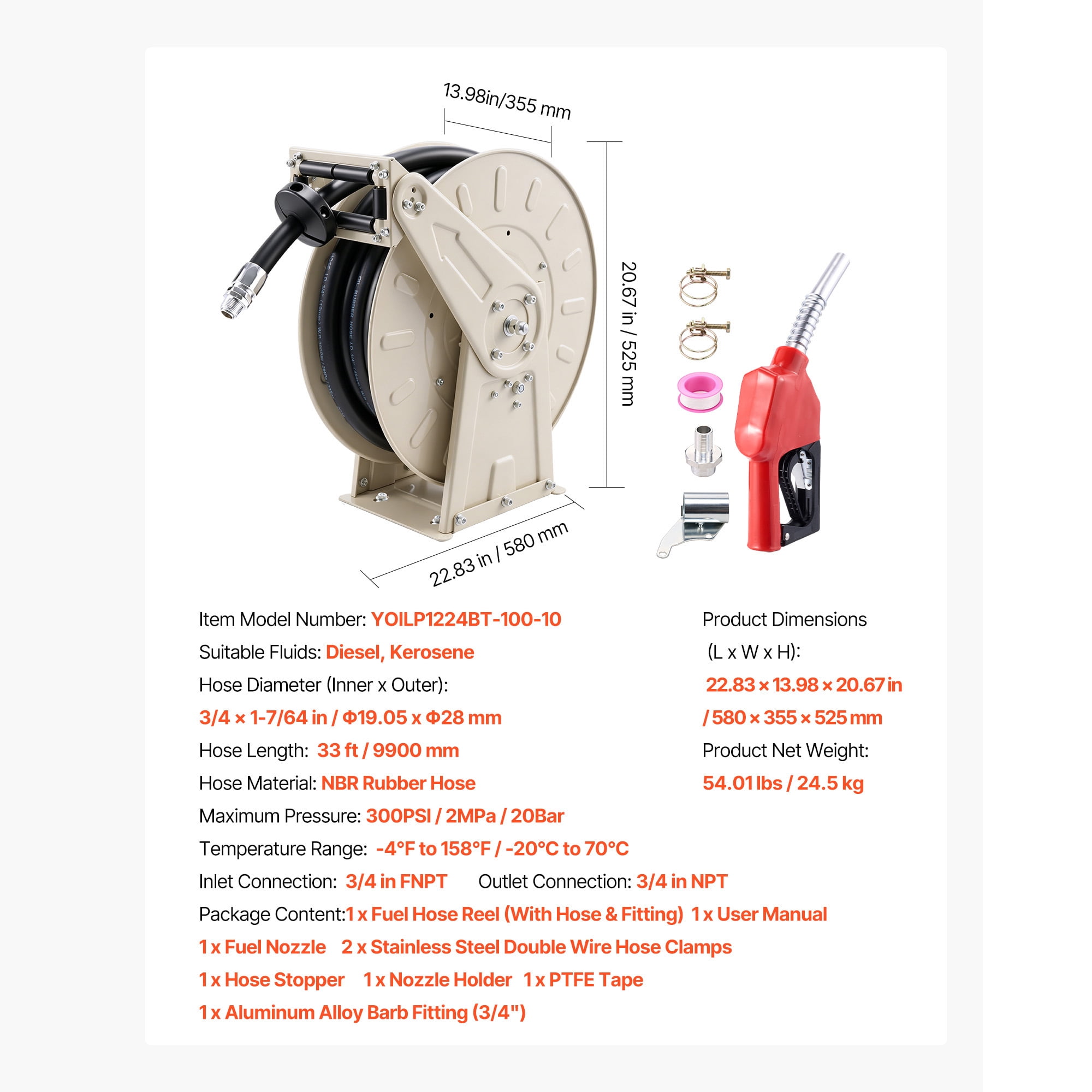 KFFKFF Retractable Fuel Hose Reel, 3/4 inch x 33 ft, Spring-Driven Rewind, 300 PSI, Durable Carbon Steel Frame with Industrial Rubber Hose, Suitable for Diesel and Kerosene