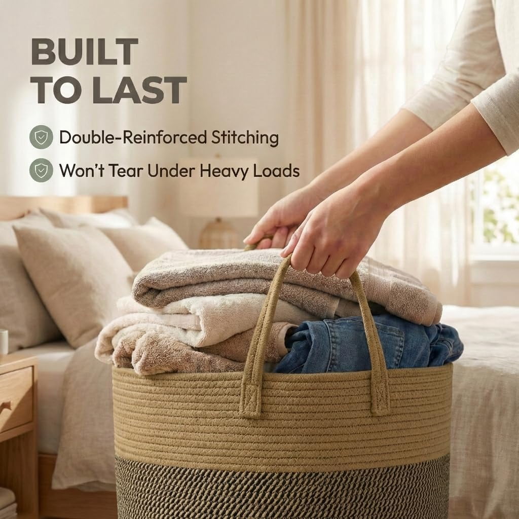 115L Extra Large Oatmeal Woven Cotton Rope Blanket Basket & Laundry Hamper with Reinforced Handles, Machine Washable Storage Bin for Pillows, Comforters & Toys, Perfect for Living Room
