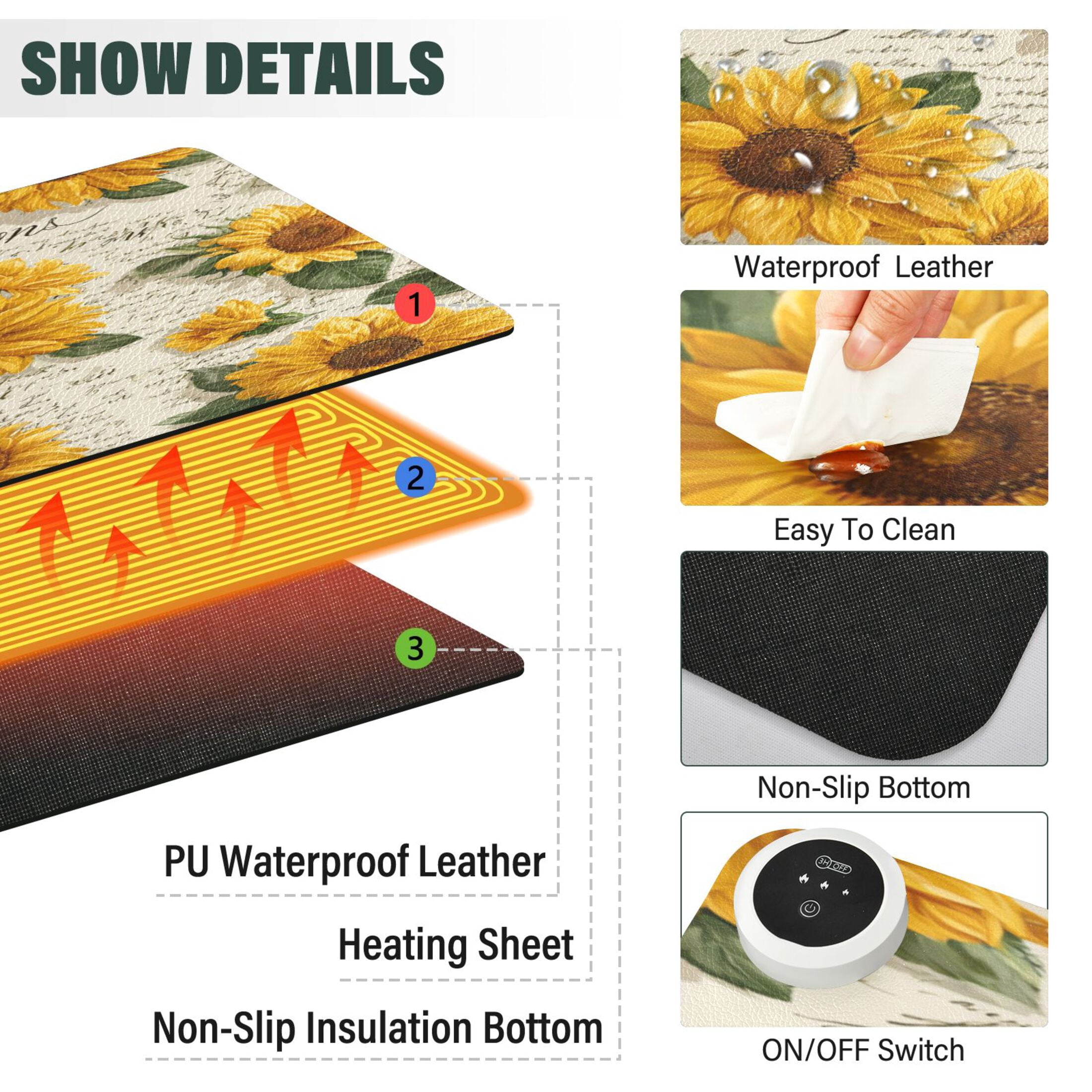 Large Heated Desk Mat Mouse Pad 31.5"x13"PU Leather Graphene Heating Desk Warmer with 3 Temperature Settings 110V US Plug Non-Slip Warm Pad for Home, Office, and Gaming Vintage Paper with Sunflowers