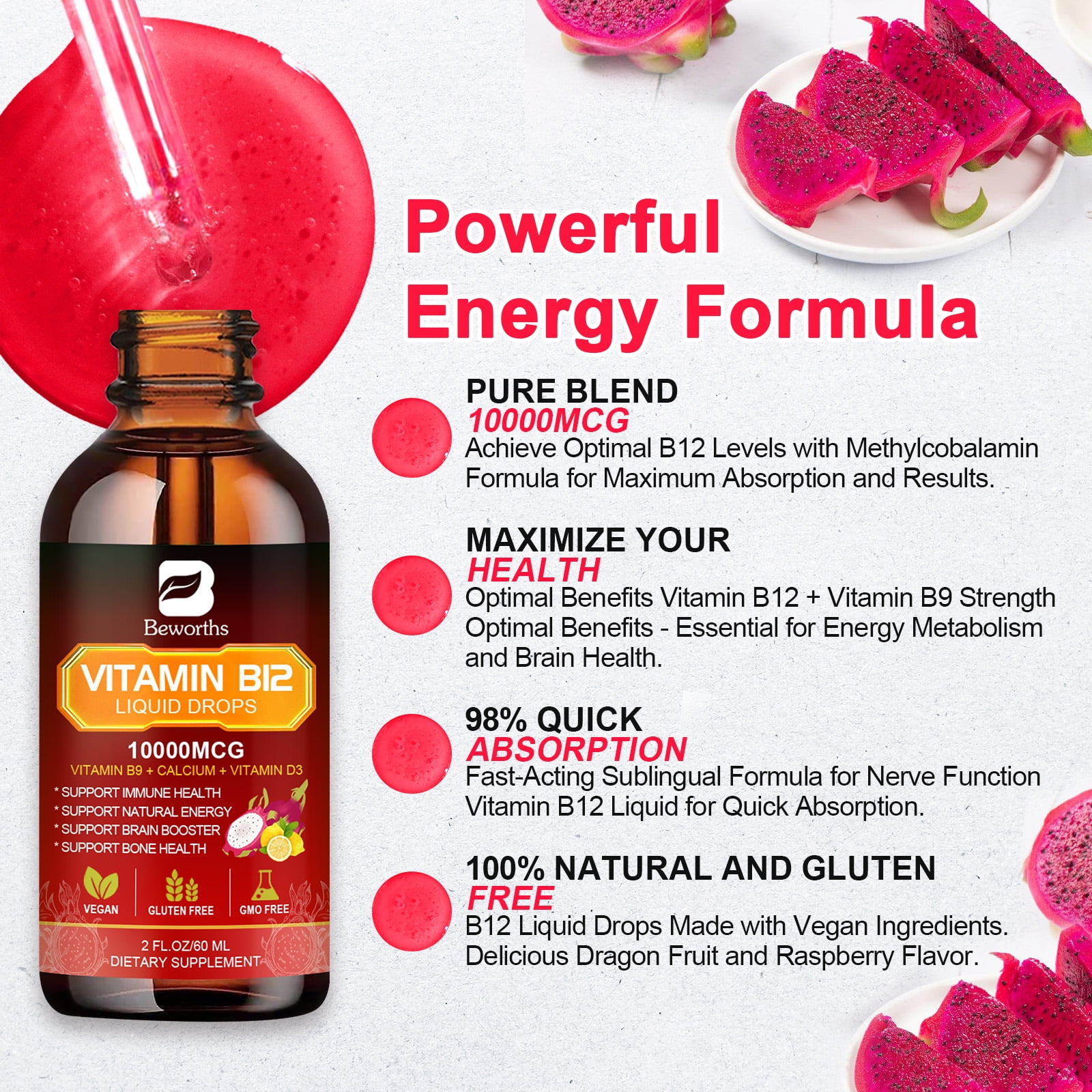 (2 Pack)Vitamin B12 Liquid Drops 10000mcg,Support Energy,Nerve* & Immune System,2fl oz